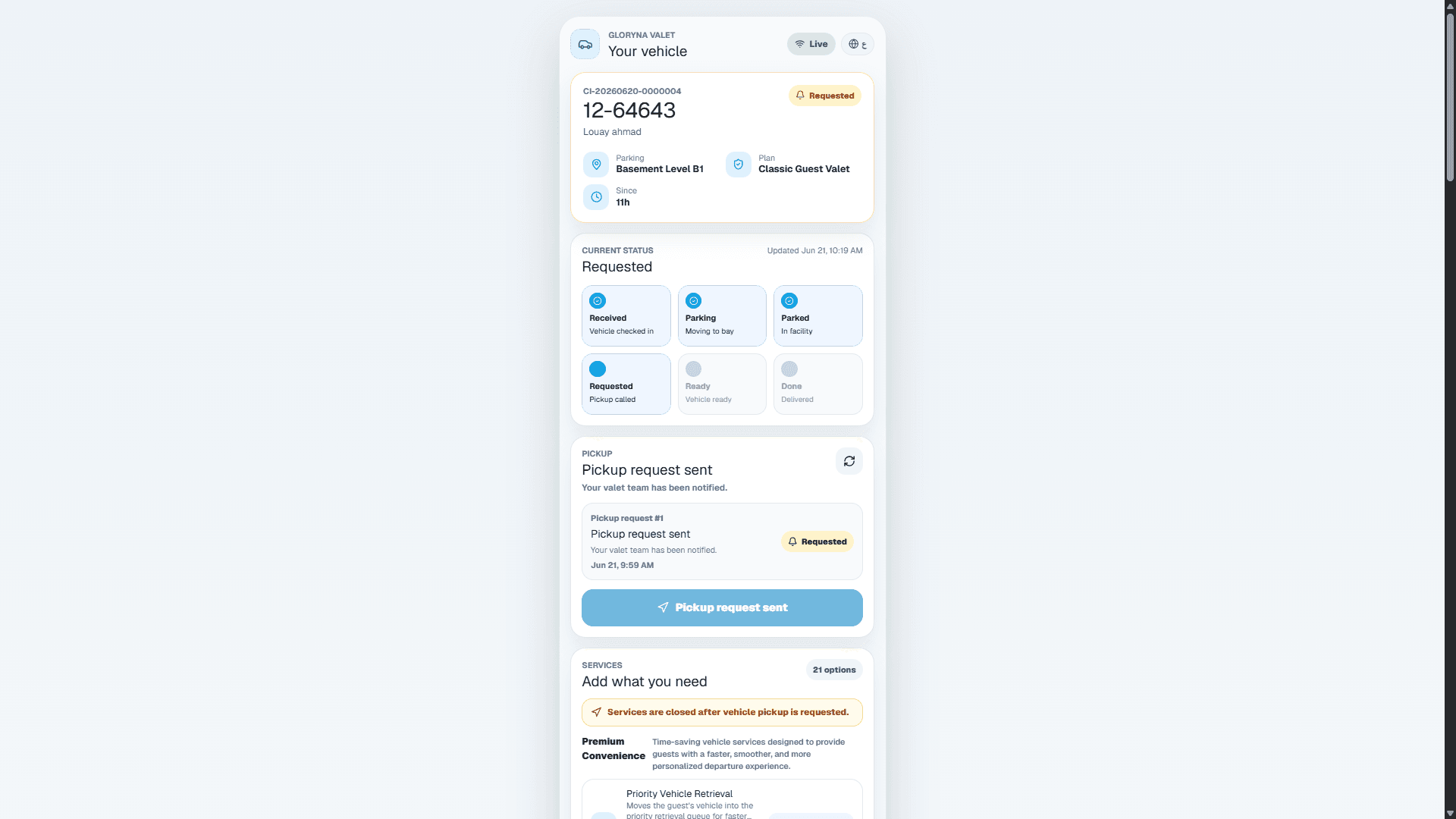 Customer vehicle portal in Gloryna Valet