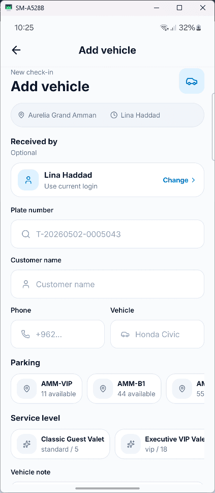 Mobile vehicle check-in mobile screen in Gloryna Valet